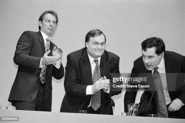 From left to right, Tony Blair, John Prescott and Gordon Brown applauding during the Labour Party Conference in Brighton, 1997.