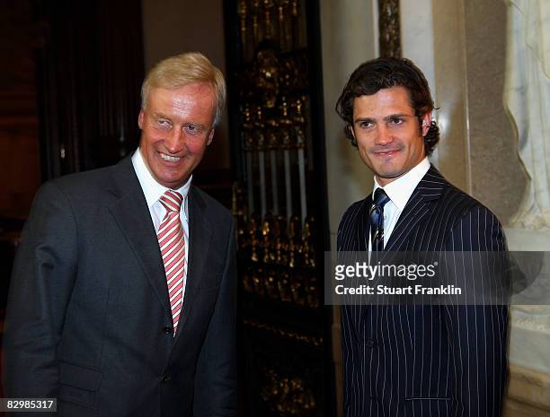 Prince Carl Philip Of Sweden with Hamburg´s Buergermeister Ole Von Beust during his visit to sign the Hamburg Golden Book at Hamburg's Rathaus on...