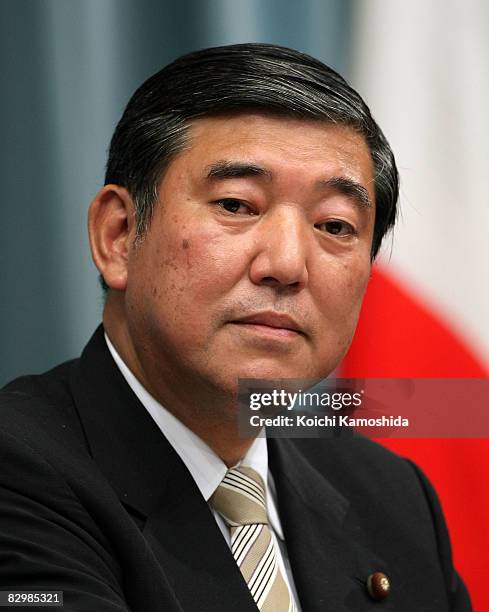 Newly appointed Agriculture, Forestry and Fisheries Minister Shigeru Ishiba speaks during a press conference at the Prime Minister's official...