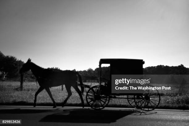 Amish horse-drawn buggy in Charles County, Maryland, August 9, 2017. Three Amish communities settled in Maryland in 1830. Amish people, who are...