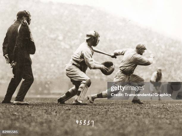 Batter Hy Myers of the Brooklyn Robins has just launched an inside the park home run in the first inning of Game 2 of the 1916 World Series against...