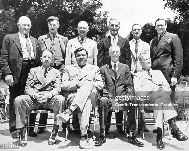 The first inductees to the Baseball Hall of Fame pose for a group portrait in Cooperstown in July of 1939. They are: top row left to right Honus...