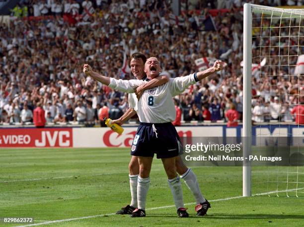 Paul Gascoigne celebrates his goal with Teddy Sheringham in the Euro 96 clash against Scotland, at Wembley. R/I Gascoigne was alleged to have...