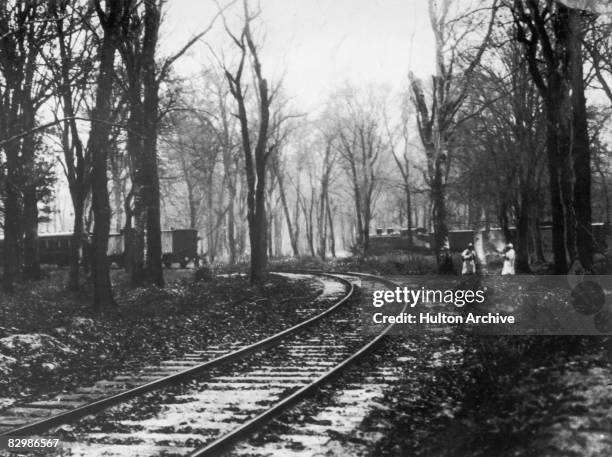 Trains used by the German and Allied delegations, in a railway siding in Compiegne Forest, during three days of armistice negotiations at the end of...