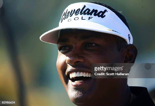 Vijay Singh of Fiji, the current leader in FedEx Cup points, conducts a clinic prior to the start of The Tour Championship at the East Lake Golf Club...