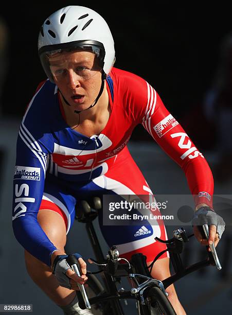 Emma Pooley of Great Britain competes on her way to finishing 8th in the Elite Women's Time Trial during the 2008 UCI Road World Championships on...