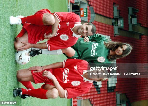 Liverpool model Kathy Llyod joins John Scales and Steve Harkness of Liverpool FC at the launch of the club's new kit which is being supplied by...