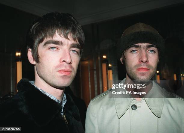 Brothers Liam and Noel Gallagher, singer and guitarist respectively from the band Oasis, who are performing at a secret location in London for their...