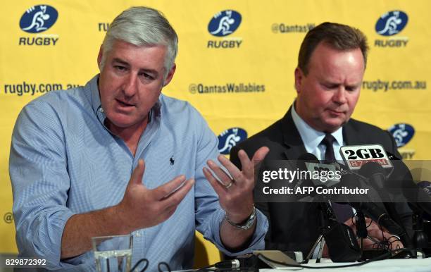 Australian Rugby Union chairman Cameron Clyne speaks as Bill Pulver , CEO of the ARU, looks on at a press conference at ARU headquarters in Sydney on...