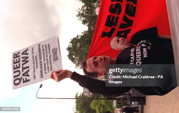 Peter Tatchell of the gay rights group OutRage! protesting at Speaker's Corner, Hyde Park, London, this morning where members of the Islamic...