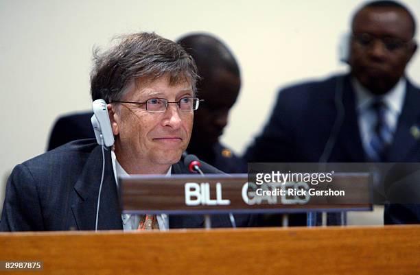 Bill Gates, co-founder of Microsoft, listens to a translator during a press conference held by the United Nations World Food Programme, the Bill &...