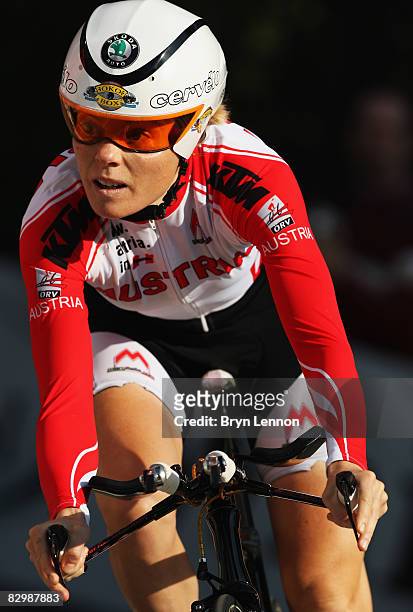 Christiane Soeder of Austria competes on her way to second place in the Elite Women's Time Trial during the 2008 UCI Road World Championships on...