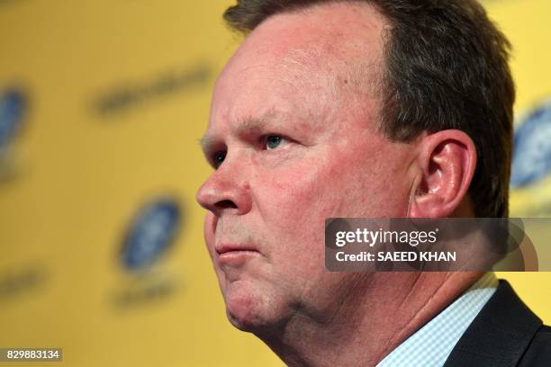 Bill Pulver, CEO of the Australian Rugby Union , takes part in a press conference at ARU headquarters in Sydney on August 11, 2017. - Australia's...