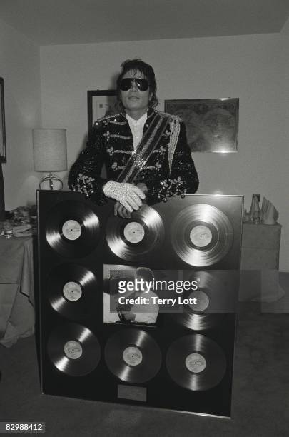 Michael Jackson whilst in London to accept a gold disc for the 'Thriller' album, London, 1983.