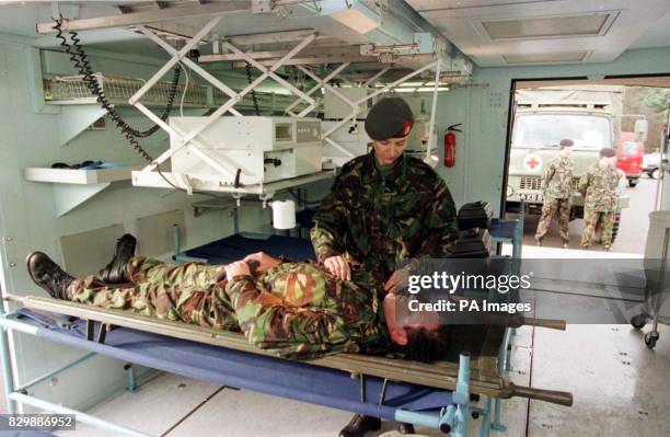 New Mobile Operating Theatre, displayed by the Army Medical Services at Keogh Barracks, Aldershot today . Pictured in the Mobile Intensive Care Unit...