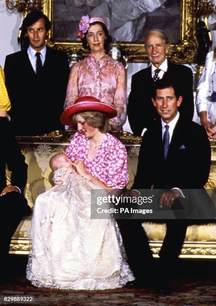 The Prince and Princess of Wales with Prince William at his christening. Also pictured Lord Romsey, Lady Susan Hussey and Sir Laurens van der Post....