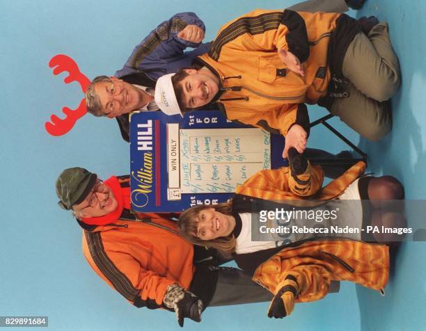 Library filer of the BBC weather team Michael Fish, Bill Giles, John Ketley and Suzanne Charlton take their chances with the weather after placing a...