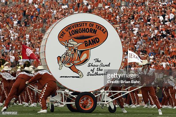 The Texas Longhorns marching band bass drum, known as "Big Bertha", is shown before the game against the Rice Owls on September 20, 2008 at Darrell K...