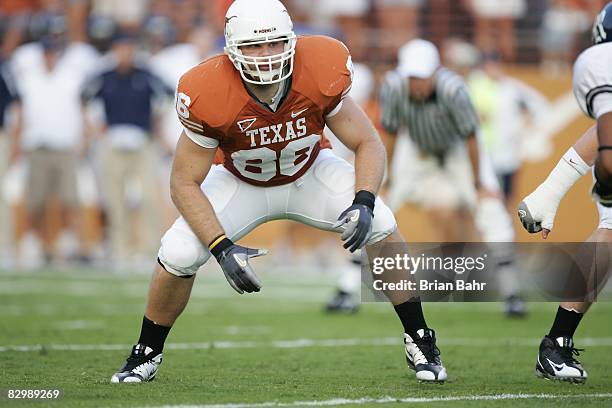 Peter Ullman of the Texas Longhorns prepares to block during the game against the Rice Owls on September 20, 2008 at Darrell K Royal-Texas Memorial...