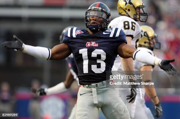 Jamarca Sanford of the Ole Miss Rebels celebrates a fumble recovery against the Vanderbilt Commodores during their game at Vaught-Hemingway Stadium...