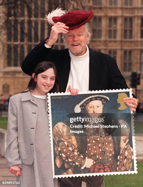 Lauren Keith, from Southport, Merseyside, meets King Henry VIII actor Keith Michell to launch a new issue of stamps from the Post Office, featuring...