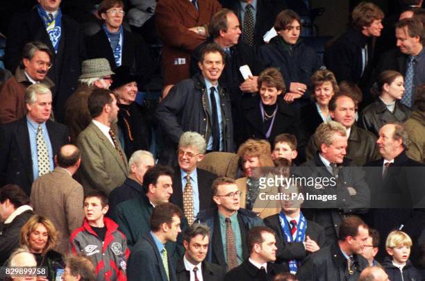 Labour Leader Tony Blair on the Chelsea stand with Ruth Harding, the widow of the late Matthew Harding, Chelsea's former vice chairman, at Stamford...