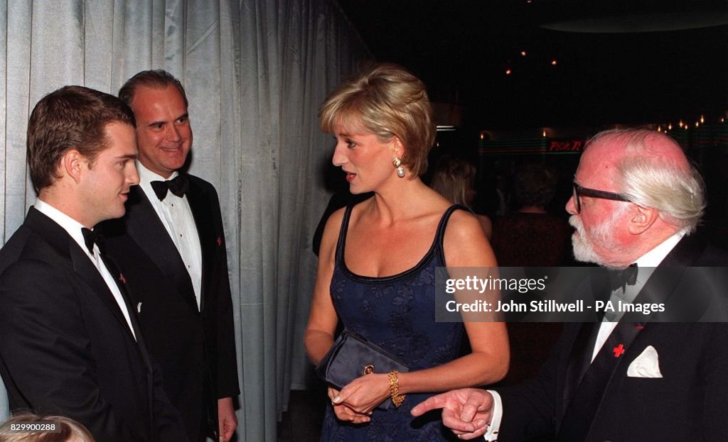 Diana, Princess of Wales, with Lord Attenborough (r) at tonight's' premiere performance of his latest film 'In Love And War' at London's Empire in Leicester Square. Also pictured is star Chris O'Donell (l) and co-producer Dimitri Villard. The screening was in aid of the British Red Cross. Watch for PA story. Photo by John Stillwell/PA.   (Photo by John Stillwell - PA Images/PA Images via Getty Images)