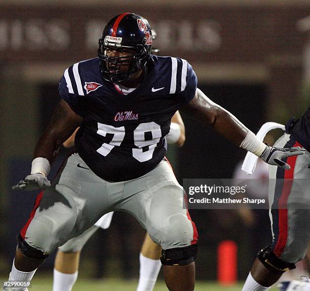 Maurice Miller of the Ole Miss Rebels blocks against the Vanderbilt Commodores during their game at Vaught-Hemingway Stadium on September 20, 2008 in...