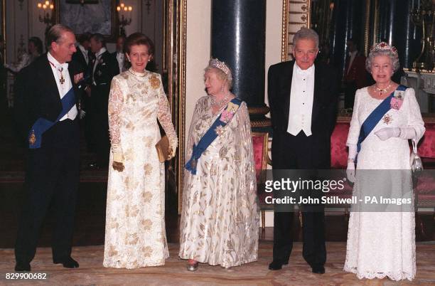 The Queen, Duke of Edinburgh and Queen Mother pose with President of Israel Mr Ezer Weizman and his wife Reuma , at a State Banquet in their honour,...