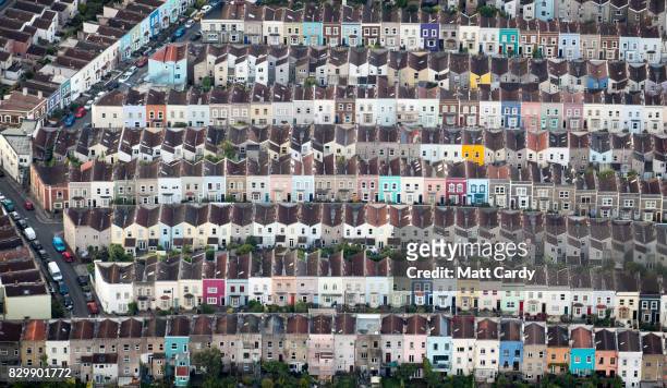 Painted houses in terraced streets are seen from the air on the second day of the Bristol International Balloon Fiesta on August 11, 2017 in Bristol,...