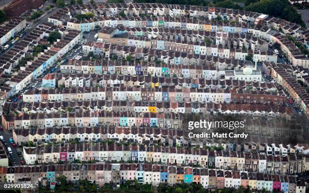 Painted houses in terraced streets are seen from the air on the second day of the Bristol International Balloon Fiesta on August 11, 2017 in Bristol,...