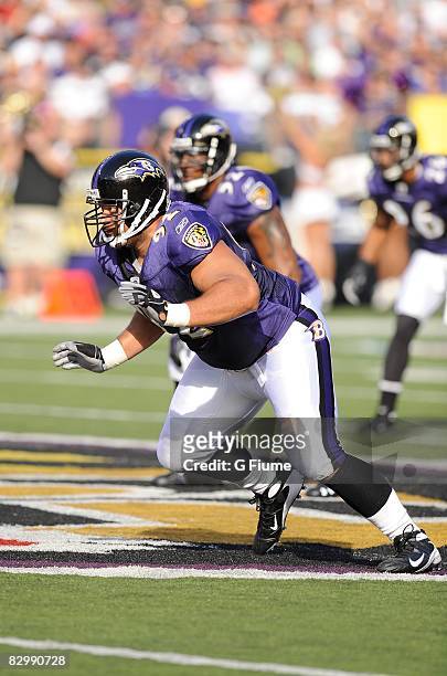 Haloti Ngata of the Baltimore Ravens lines up at the line of scrimmage during the game against the Cleveland Browns September 21, 2008 at M&T Bank...