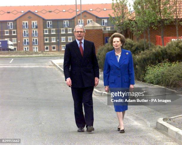 Prime Minister John Major and former Prime Minister Margaret Thatcher during an election campaign visit to Stockton-on-Tees Wednesday morning. They...