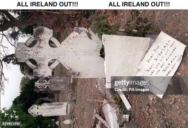 The scene after vandals smashed about 100 headstones at Glasnevin cemetery, Dublin's best-known graveyard, today . The desecration at the cemetery,...