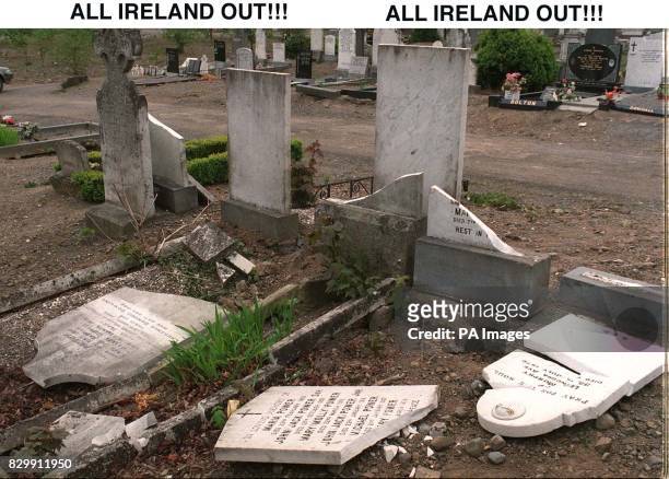 The scene after vandals smashed about 100 headstones at Glasnevin cemetery, Dublin's best-known graveyard, today . The desecration at the cemetery,...
