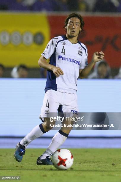 Hiroki Fujiharu of Gamba Osaka in action during the J.League J1 match between Sanfrecce Hiroshima and Gamba Osaka at Edion Stadium Hiroshima on...