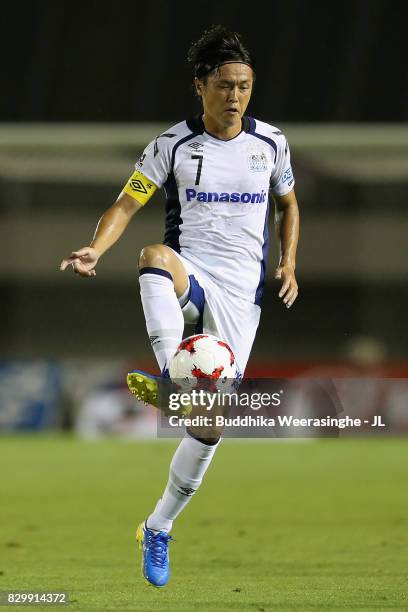 Yasuhito Endo of Gamba Osaka in action during the J.League J1 match between Sanfrecce Hiroshima and Gamba Osaka at Edion Stadium Hiroshima on August...