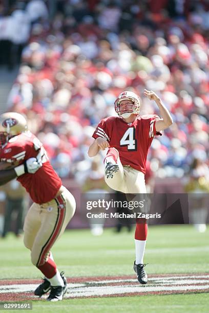 Punter Andy Lee of the San Francisco 49ers punts during the NFL game against the Detroit Lions on Bill Walsh Field at Candlestick Park on September...