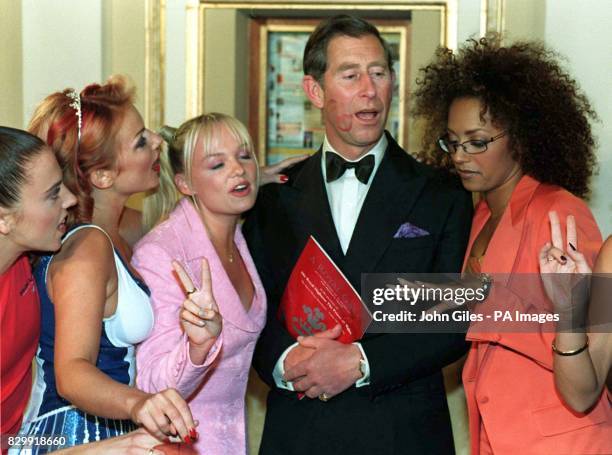 Prince of Wales joins The Spice Girls before the Royal Gala for The Princes Trust in Manchester tonight with lipstick clearly visible on his face...