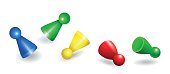 Set of different leisure game pawn figures, Flying leisure in red, blue, yellow, green