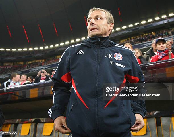 Juergen Klinsmann, head coach of Munich, looks on prior to the DFB Cup Second Round match between FC Bayern Muenchen and 1. FC Nuernberg at the...