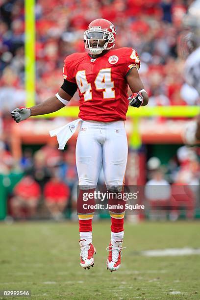 Jarrad Page of the Kansas City Chiefs jumps in the air during their NFL game against the Oakland Raiders at Arrowhead Stadium on September 14, 2008...