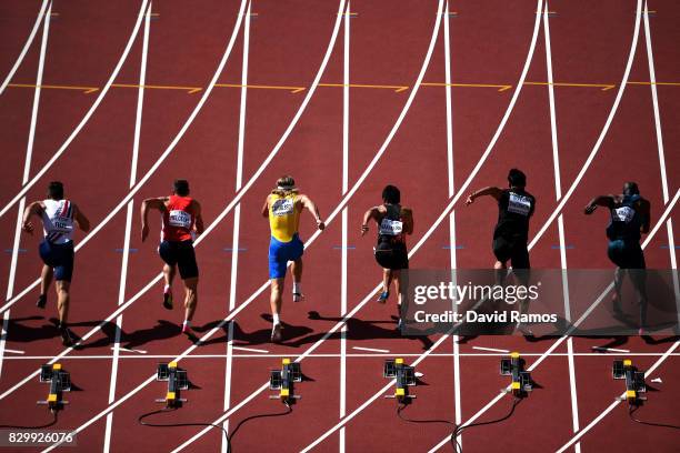 Athletes leave the blocks at the start of the Men's Decathlon 100 metres during day eight of the 16th IAAF World Athletics Championships London 2017...