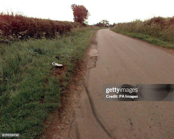Skid marks on a country lane near Malmesbury, Gloucs, where Camilla Parker Bowles was involved in a head-on collision with another motorist last...