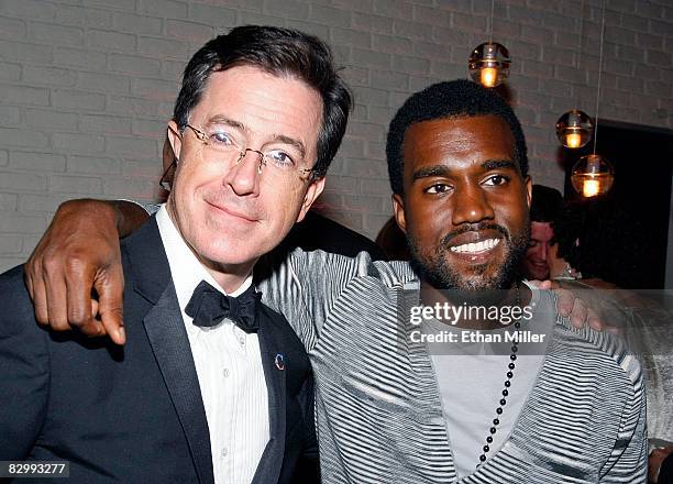 Talk show host Stephen Colbert and rapper Kayne West attend Comedy Central's Emmy Awards party at the STK restaurant September 21, 2008 in Los...