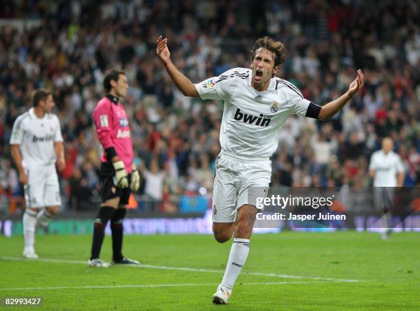 Raul Gonzalez celebrates scoring his second goal, the 7-1, during the La Liga match between Real Madrid and Real Sporting de Gijon at the Santiago...