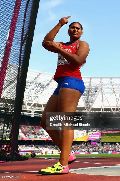 Denia Caballero of Cuba reacts as she competes in the Women's Discus qualification during day eight of the 16th IAAF World Athletics Championships...