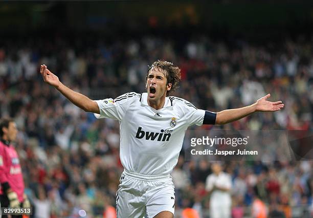 Raul Gonzalez celebrates scoring his second goal, the 7-1, during the La Liga match between Real Madrid and Real Sporting de Gijon at the Santiago...
