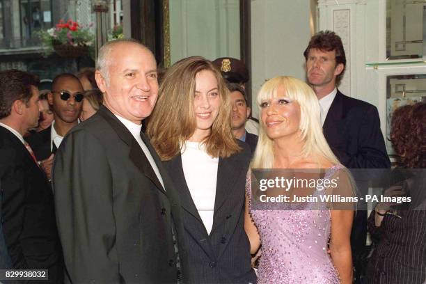 Actress Greta Scaachi with fashion designer Gianni Versace and his sister Donatella at the Versace boutique, Old Bond Stret, London, for a party in...