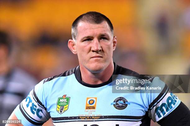 Paul Gallen of the Sharks is seen during the warm up before the round 23 NRL match between the Brisbane Broncos and the Cronulla Sharks at Suncorp...